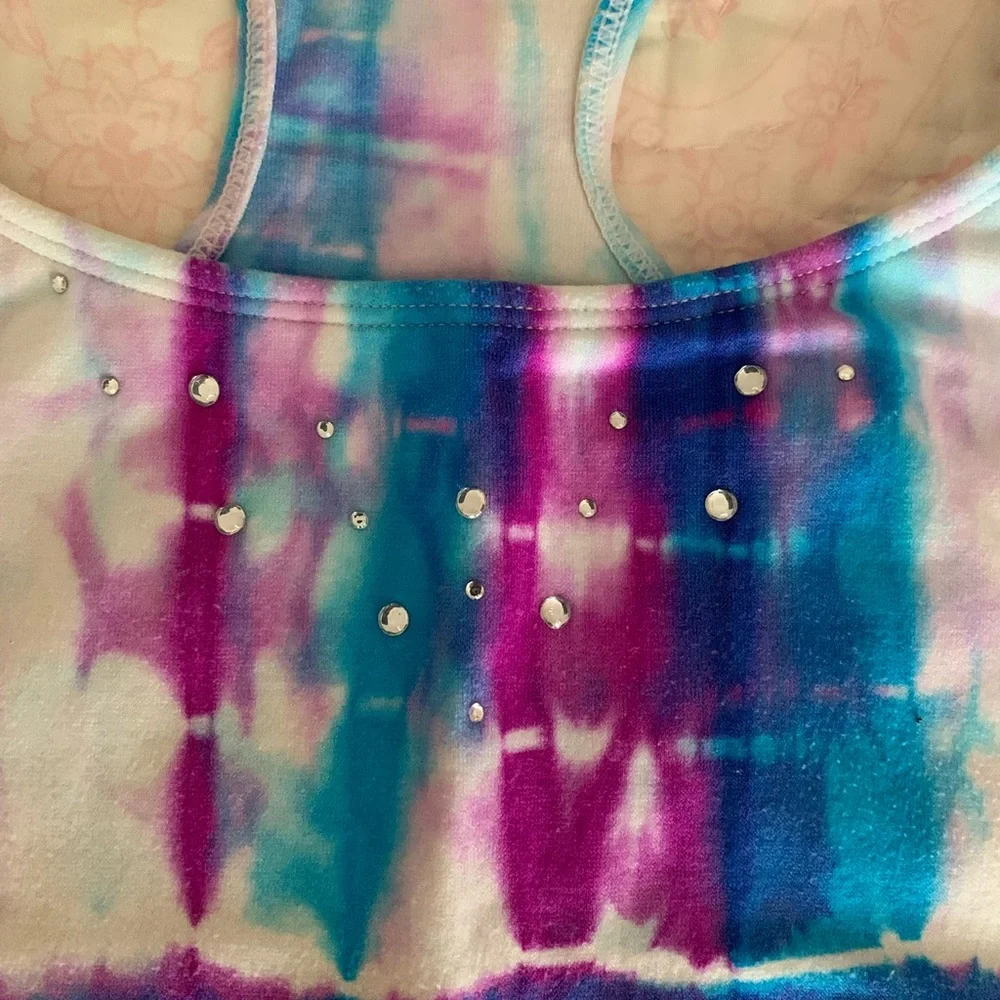 Justice Sports Bra Girls Blue Purple White Tie Dye Racer Back Rhinestone